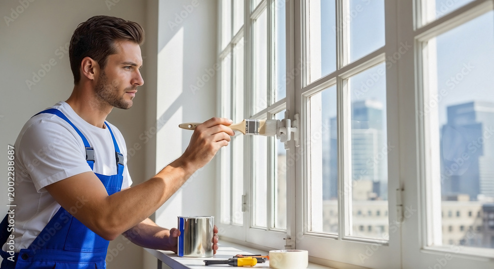 Fototapeta premium Young man painting window frame with brush, carefully applying white paint to trim. Focused man painting window for home renovation project, ensuring precise finish.