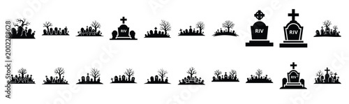 Collection of  graveyard silhouette design element art. Happy Halloween Vector  silhouette icons.