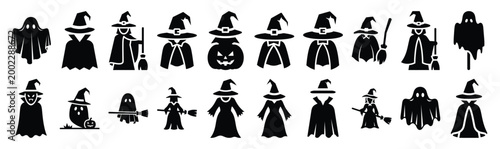 Collection of  halloween costume silhouette design element art. Happy Halloween Vector  silhouette icons.