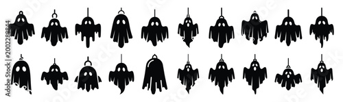 Collection of  hanging ghost decoration silhouette design element art. Happy Halloween Vector  silhouette icons.