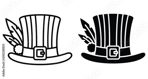 Top hat icons with feathers and buckles in outline and solid black styles for vintage fashion and costume design elements