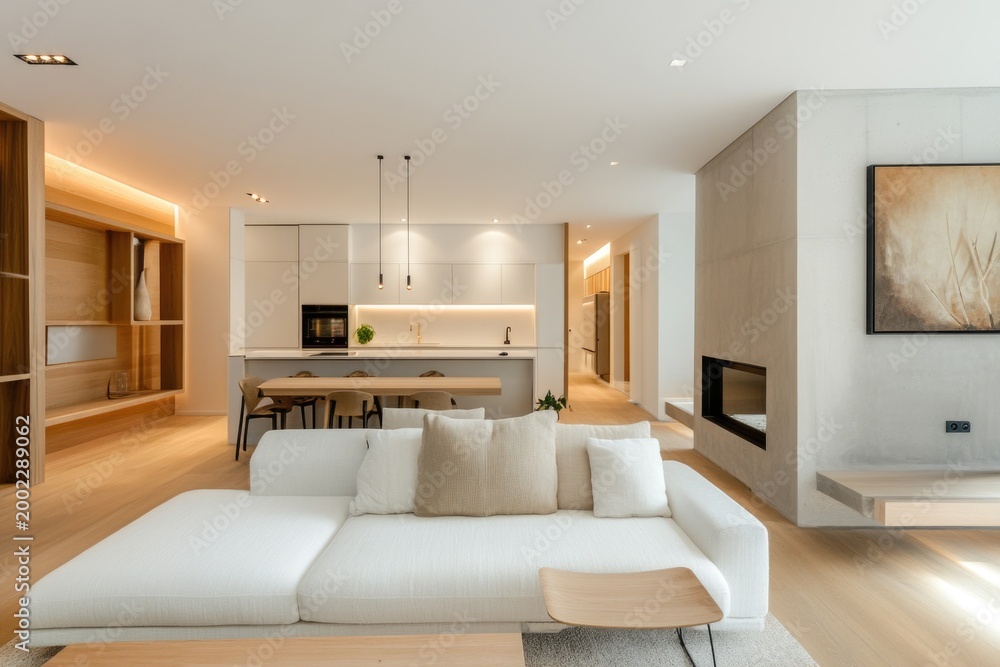 Fototapeta premium A warm and inviting living room with comfortable furniture and a crackling fireplace