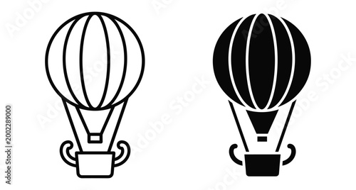 Hot air balloon icon set featuring outline and solid glyph styles for travel adventure tourism flight and transportation design projects