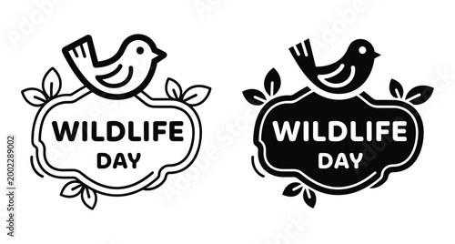 Wildlife day logo set with bird perched on sign and leaves in black and white outline and solid silhouette styles