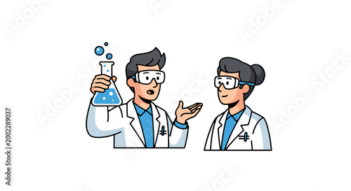 Two scientists in lab coats discussing experiment.