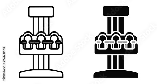 Amusement park drop tower ride icon set featuring outline and solid black versions for fairground attraction and theme park design