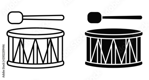 Drum icon set with mallet and stick featuring outline and solid silhouette styles for music apps percussion instruments and rhythm design