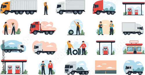 Set of images showing trucks, drivers, mechanics, gas stations, and related services
