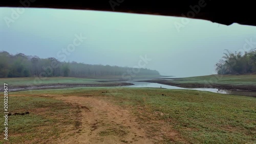 View of a dry riverbed in the morning mist with green grass and trees in the background at a nature reserve in the forest