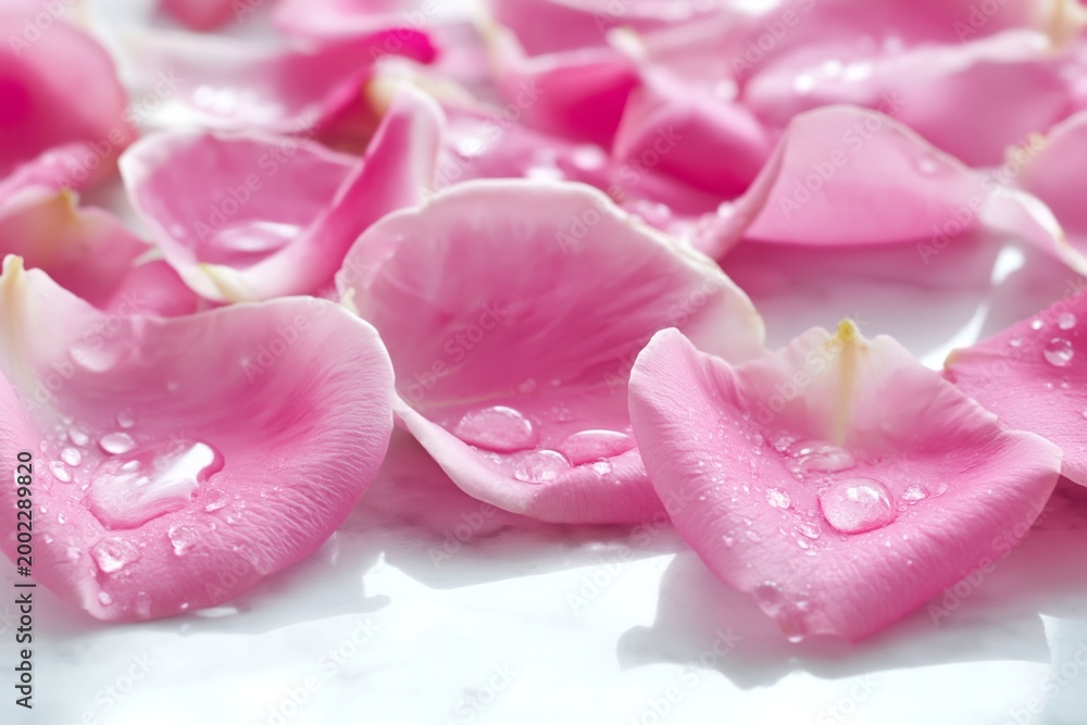 Fototapeta premium Pink Rose Petals With Water Drops on a Smooth Surface in Natural Light