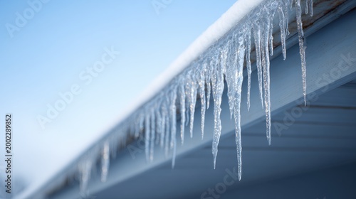 Hanging icicles on house roof edge during winter