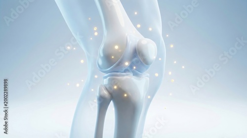 Healthy human knee joint anatomy with glowing elements symbolizing protection and care.