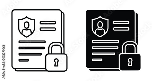 personal data protection icon set showing document with user profile shield and padlock for secure information privacy and digital safety