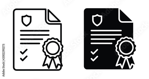 certificate icon set with shield and seal representing security verification document for legal agreement insurance policy or professional diploma achievement