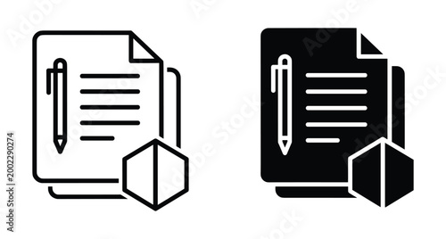 Document protection icon set featuring paper sheet with pen and security shield symbol for legal contracts insurance and data privacy safety
