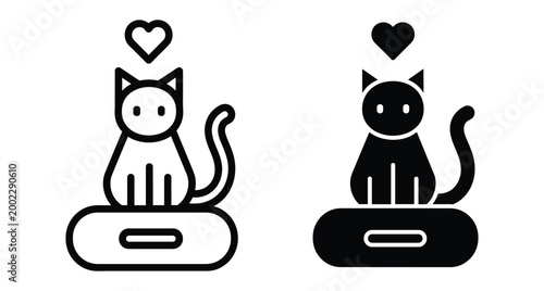 cat sitting on weighing scale with heart symbol above head representing pet health monitoring veterinary care and animal weight control