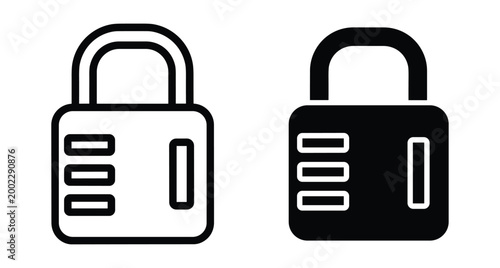 Combination padlock icon set featuring outline and solid black styles for security data protection privacy safety and digital access control