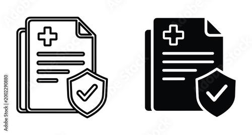 Medical insurance document icon set with shield and checkmark symbol for healthcare data protection patient privacy and secure records