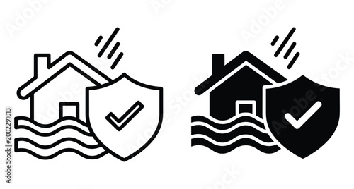 Flood insurance icon set showing house in water with protective shield and checkmark for property safety and disaster recovery coverage