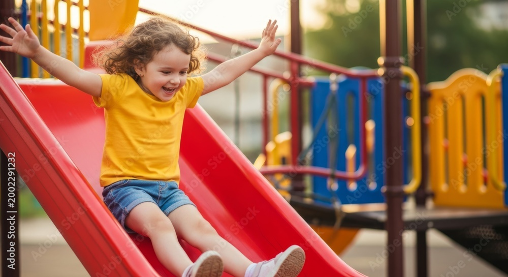 Fototapeta premium Joyful young girl with curly hair sliding down a vibrant red playground slide during golden hour, embodying carefree childhood fun and happiness.