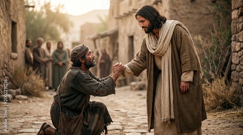 Jesus Christ helping a kneeling man in a biblical village. Religious scene depicting compassion, healing, and faith. Symbol of Christian grace, salvation, and divine love.