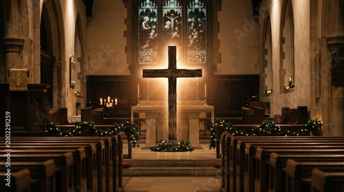 Wooden cross glowing in center of church altar at Christmas. Holy religion concept with stained glass window background. Interior of catholic cathedral for prayer and worship service.