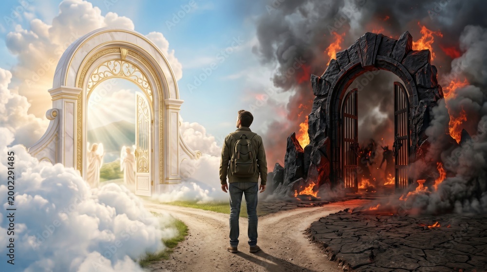 Fototapeta premium Man standing at a crossroads between heaven and hell. Conceptual art depicting the choice between salvation and damnation. Religious metaphor for spiritual afterlife and human dilemma.