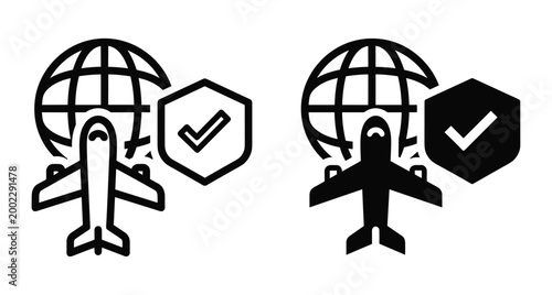Travel insurance icon set featuring airplane globe and security shield with checkmark for safe flight global protection and aviation safety