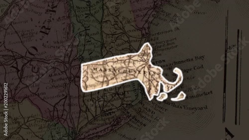 Massachusetts state map highlight on united states vintage map animated map, use for label for geography visuals, news graphics, educational content, and regional. presentation video