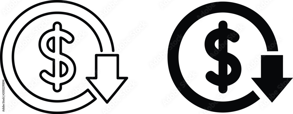 Obraz premium Cost saving icon pack, dollar down and profit decrease symbols, expense reduction graphics, financial loss and budget control indicators