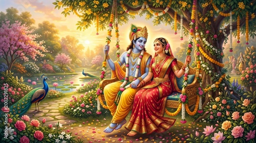 Hindu god Krishna and goddess Radha sitting on an ornate swing decorated with flowers. Divine couple in a magical garden setting with peacocks. Indian celebration of Janmashtami.