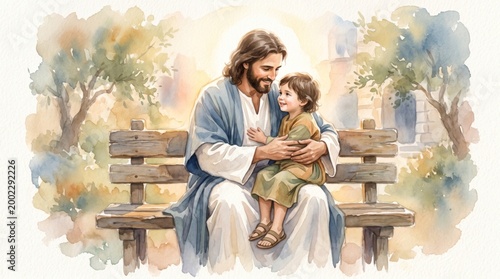 Jesus sitting on a wooden bench and holding a smiling child. Biblical scene of unconditional love and blessing. Religious watercolor illustration for greeting card and church theme.