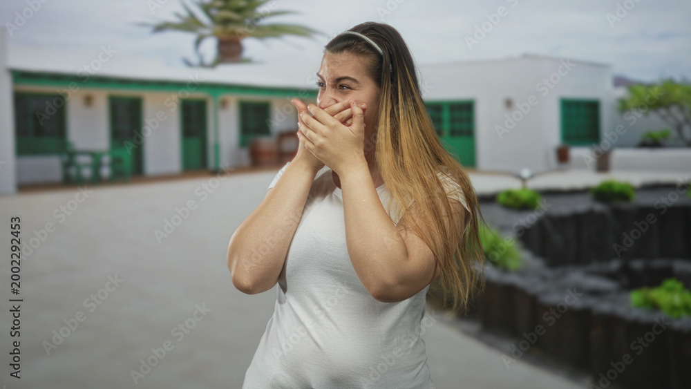 Fototapeta premium Woman covering mouth with both hands, eyes squinted, wearing white t shirt while standing in front of a white building with green doors and palm trees; surprise.