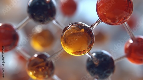 Macro view of amber and dark spheres connected by thin glass rods in a complex molecular
