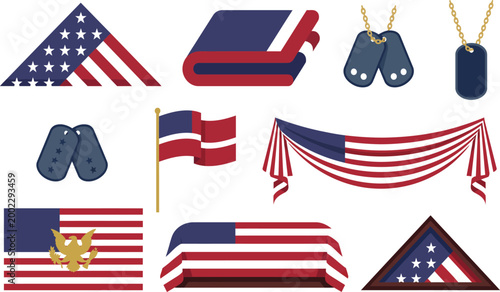 Military funeral vector set with American flag, folded burial flag and dog tags. Patriotic memorial icons for Veterans Day and honor guard services.