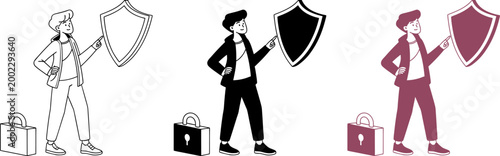 Young man pointing at protective security shield symbol with metal lock in foreground flat.