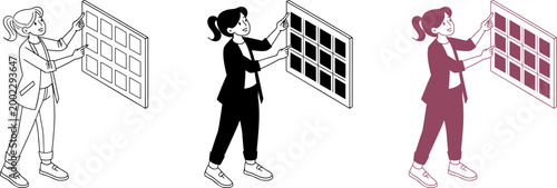 Young professional woman interacting with digital touchscreen panel flat vector illustration.