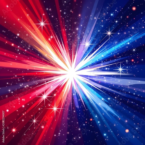 vibrant explosion of red and blue light rays emanating from a bright central starburst