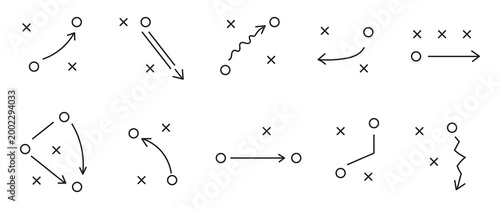 Grid of 8 sports strategy diagrams using symbolic player icons and arrows for game planning, coaching, and analysis