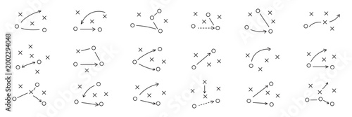 Grid of 8 sports strategy diagrams using symbolic player icons and arrows for game planning, coaching, and analysis
