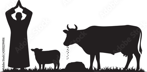 A serene silhouette of a person standing in a meditative pose with their hands above their head alongside a cow and calf grazing peacefully in a natural setting