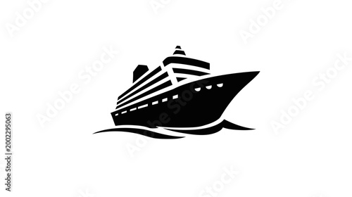 A clean and modern black silhouette icon of a large passenger cruise ship floating calmly on gentle waves.