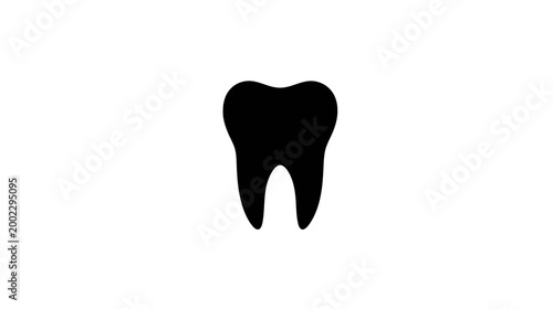 A bold black silhouette of a human tooth with roots stands out on a crisp white background.