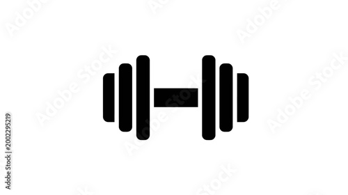 A minimalist black dumbbell icon representing strength, fitness, and physical exercise on a clean white background.