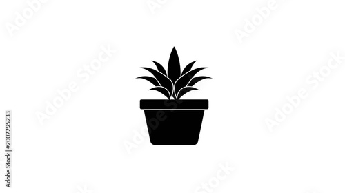 A black silhouette icon of a thriving potted plant with distinct leaves, representing nature, gardening, and indoor greenery.