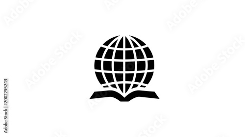 A detailed black icon showing a grid-patterned globe on an open book, symbolizing global knowledge and education.