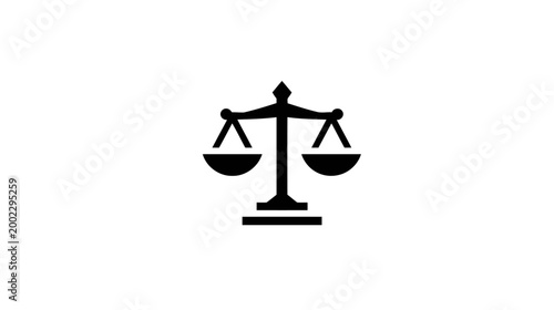 A classic black icon of the balanced scales of justice, representing law, equality, fairness, and the legal system.