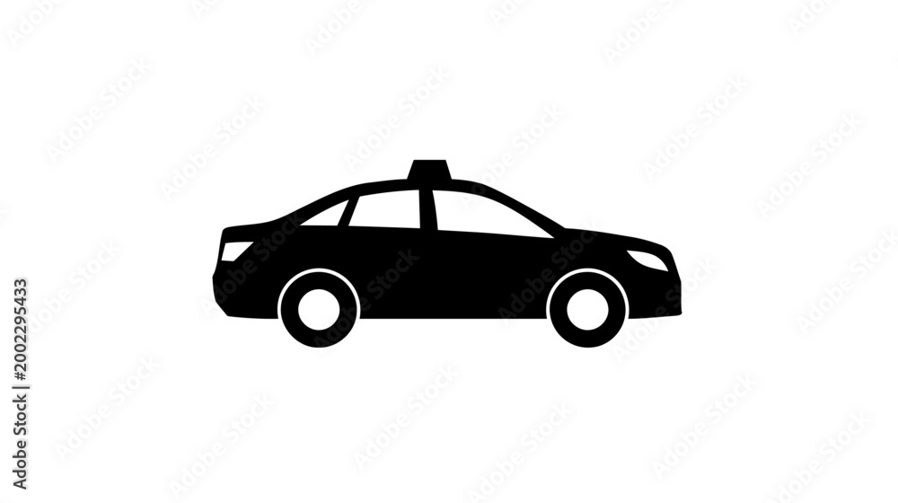 Fototapeta premium A black silhouette icon of a modern taxi car with a rooftop sign for ride-sharing services.