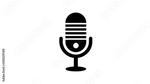 A classic retro-style standing microphone icon with distinct horizontal lines on its head, rendered in solid black on white.