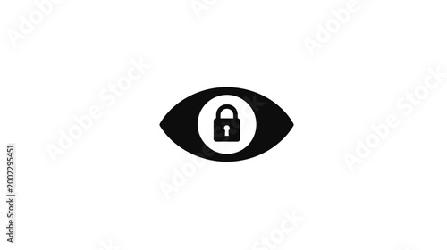 A striking black eye icon with a padlock emblem positioned within the pupil, symbolizing privacy, surveillance, and restricted viewing.